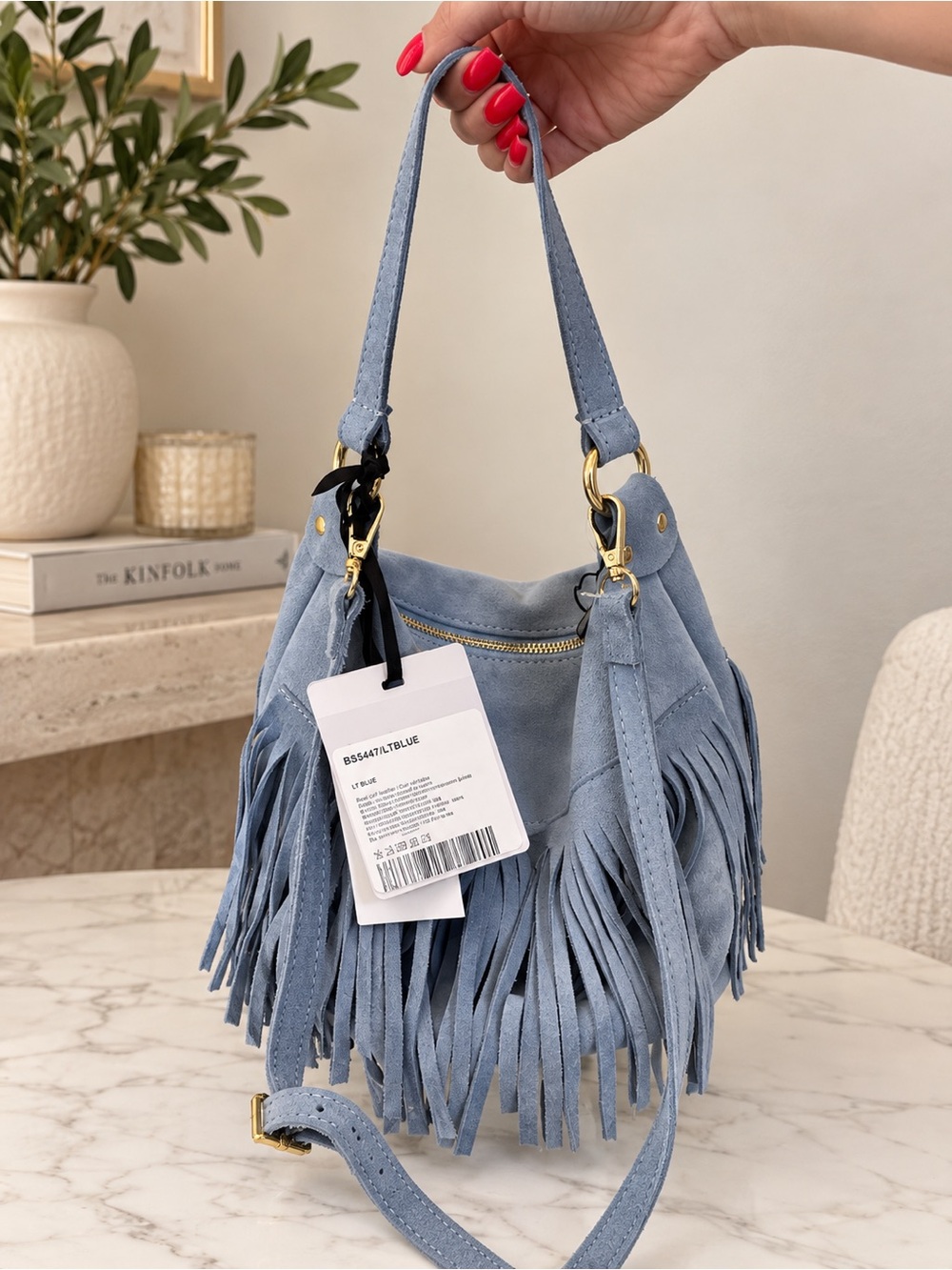 Marlon Italy NWT Light Blue Suede Leather Fringe Hobo Crossbody Bag